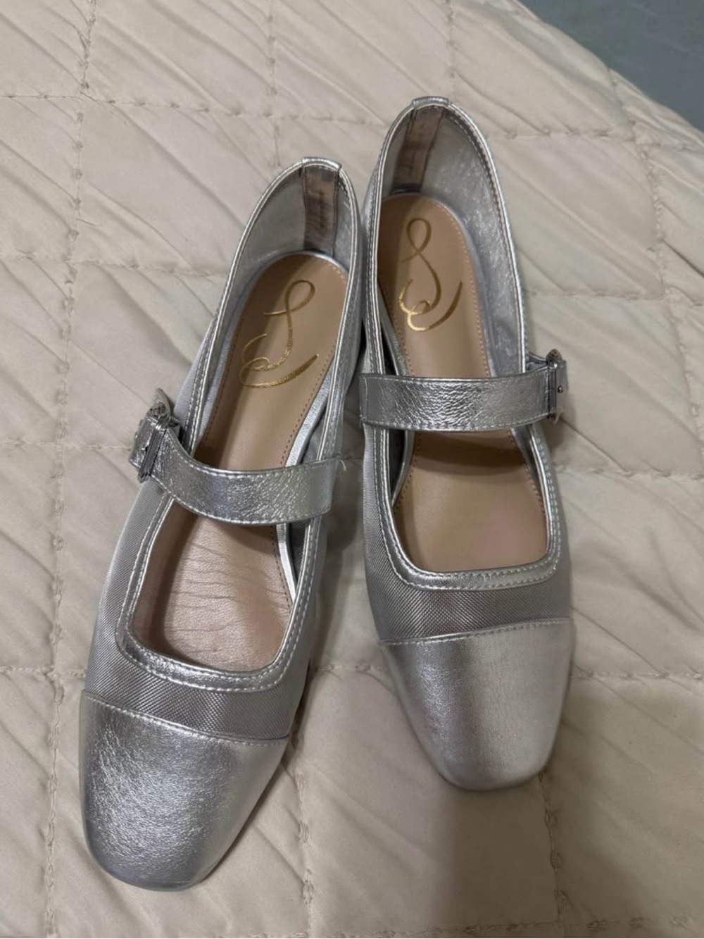 Sam Edelman Metallic Silver Mary Jane Flats with Buckle Strap